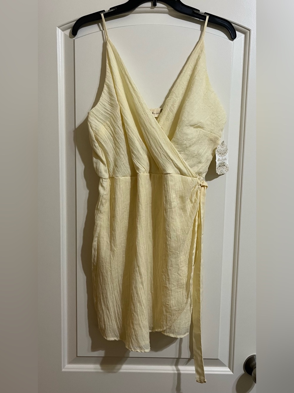 NWT Altar'd State Pale Yellow Wrap Mini Dress Large Lined Spaghetti Straps